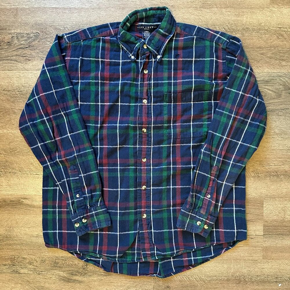 Ivy Crew Casual Button Down Mens Large Green Plaid Rugged Flannel Shirt